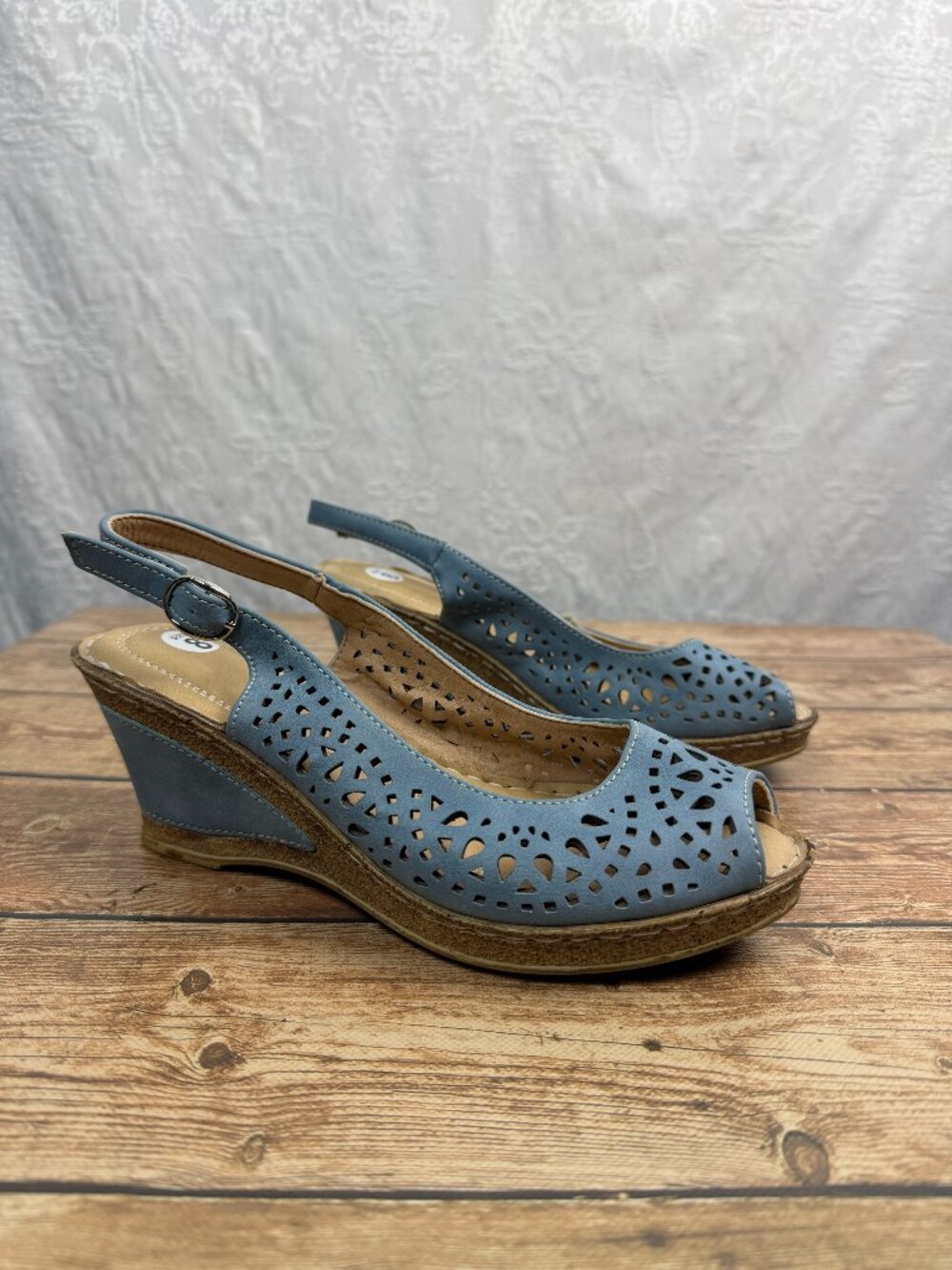 Patrizia by Spring Step Women’s 8 Blue Laser Cut Perforated Wedge Slingback
